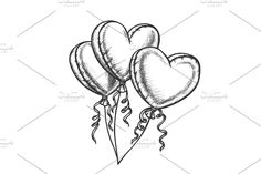 three balloons in the shape of hearts on a string with streamers, hand drawn