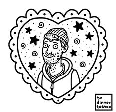 a black and white drawing of a man in a heart shaped frame with stars on it