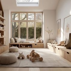 a living room filled with lots of furniture and decor on top of a white rug