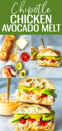 the chicken avocado melt sandwich is cut in half and stacked on top of each other