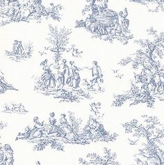 a blue and white toiler wallpaper with people on horseback, horses and trees