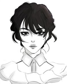 a drawing of a woman with black hair and white collared shirt, looking at the camera