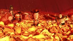 five cartoon characters are standing in the middle of a pile of gold