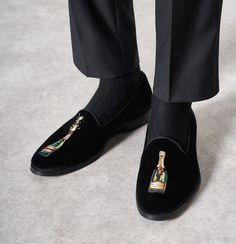 Cheers! Black Velvet Loafers | The Black Tux Black Suede Party Loafers, Bottle Embroidery, Velvet Loafers Mens, Black Velvet Loafers, Kids Braces, Black Velvet Jacket, Black Turtleneck Sweater, Light Up The Night, Velvet Loafers