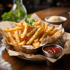 french fries with ketchup and parsley on the side sitting on a table