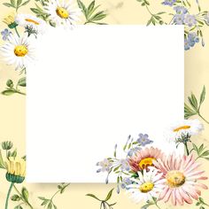 a white paper with flowers and leaves around it on a light yellow wallpaper background