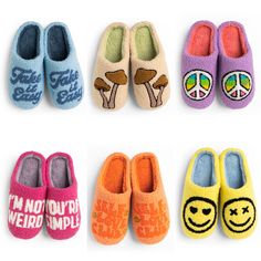 These cozy cushy slippers with fun prints & phrases are so cute and comfy! Choose from: Love Me Or Hate Me (Smiley Faces) No Cap (Mushroom) Peace Out (Tye-Die Peace Sign) Self Love Club Take It Easy I'm Not Weird/You're Simple Non-slip rubber soles.Machine washable.Women's Sizing: Small (5-6), medium (7-8), large (9-10)One size fits MOST. Comfy Super Soft Slippers For Leisure, Cute Round Toe Slippers For Leisure, Fun Pink Indoor Slippers, Fun Multicolor Non-slip Slippers, Fun Multicolor Round Toe Slippers, Cute Multicolor Slippers With Round Toe, Fun Non-slip Winter Slippers, Winter Fun Non-slip Slippers, Super Soft Casual Slippers For Leisure