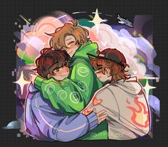 three young boys hugging each other in front of a background with stars and shapes on it