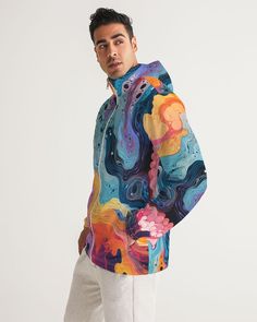 Gear up for windy and rainy seasons in this classic Men's Windbreaker in a trippy, colorful, psychedelic pattern. Handmade with lightweight, water-resistant fabric and full mesh lining that can layer easily over a Tank or Graphic Tee. ++ Lightweight, water-resistant fabric ++ Elastic cuffs ++ Zip pull and pockets ++ Lined, mesh lining 100% Polyester * Regular fit * Straight silhouette * Hits at the hip * Model is 6'2 wearing size Medium * Model's chest size is 38" * The model's sleeve length is 34" 100% Recycled Packaging & Ethically Sourced Materials  7-day lead time with 14 days shipping - Please let me know if you need it faster, and we can look at upgraded shipping Casual Multicolor Hooded Raincoat, Hooded Multicolor Raincoat, Multicolor Hooded Waterproof Outerwear, Multicolor Hooded Raincoat For Rainy Weather, Hooded Multicolor Raincoat For Rainy Weather, Multicolor Waterproof Hooded Outerwear, Multicolor Hooded Raincoat For Spring, Multicolor Hooded Outerwear For Rainy Weather, Hooded Multicolor Outerwear For Rainy Weather