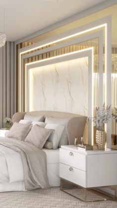 a bedroom with a bed, dresser and mirror on the wall next to each other