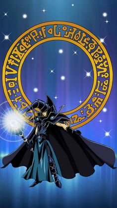 an anime character holding a wand in front of a circle with the words, and stars