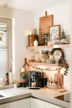 the kitchen counter is decorated with christmas decorations