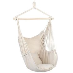 a white hammock chair hanging from a wooden hanger on a white background