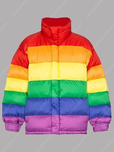 Multicolor Unisex Rainbow Puffer Jacket - Jackets Junction Rainbow Jacket, Rainbow Feather, Baddie Fits, Puffy Jacket, Striped Jacket, Oversized Silhouette, Fall 2018, Indie Design, A Rainbow