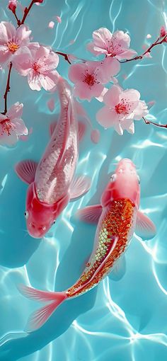 two koi fish are swimming in the water next to pink flowers and cherry blossoms