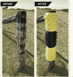 two images show the before and after of a wooden fence post with spikes on it