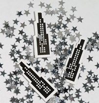 several black and silver stars are scattered on a white background with space shuttles in the center