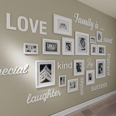 there is a wall with many pictures on it and the words love are written in white