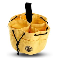 an open yellow bag with black handles and zippers