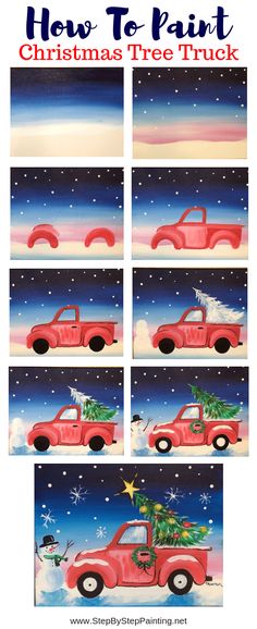 christmas tree truck painted on canvases with snowman and pine trees in the back