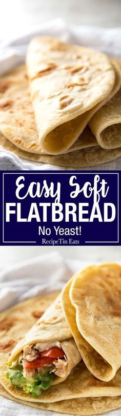 three flatbreads on a plate with the words easy soft flat bread no yeast