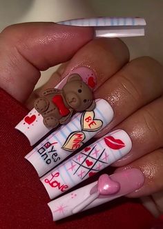 Long Vday Nails, Love Letter Nails, Valentines Day Nails Acrylic Long, Xoxo Nails, Short Nails Summer, Anime Nails