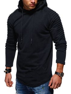 Solid Color Pleated Sleeve Long Fleece Hoodie - Cadetblue - 3287558937 - Men's Clothing  #MensClothing #Men's #Clothing Smart Outfits, Cheap Hoodies, Pleated Sleeves, Workout Hoodie, Drawstring Hoodie, Hoodies For Sale, Mens Sweatshirts Hoodie, Men Clothing, Casual Sweatshirt