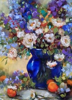 a painting of flowers in a blue vase