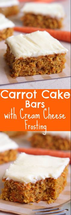 carrot cake bars with cream cheese frosting are on a plate and ready to be eaten