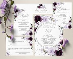 wedding stationery with purple flowers and greenery