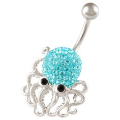 an octopus belly ring with pink crystals in the center and black eyes on it's side