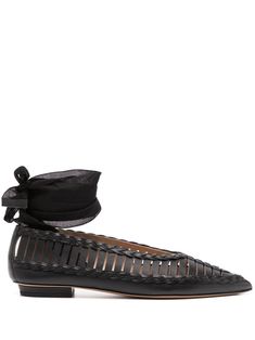 black calf leather front lace-up fastening caged design ribbon ties pointed toe branded leather insole Caged Sandals, Black Aviators, Loafer Sneakers, Black Ballet Flats, Womens Ballet Flats, Ballet Flat Shoes, Ballet Flat, Ulla Johnson, Ballet Flats