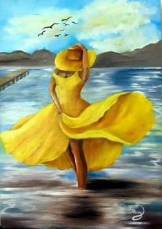 a painting of a woman in a yellow dress and hat walking on the beach with birds flying above her