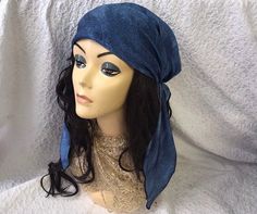 Soft lightweight spandex stretchy fabric Best vacation gift. For the pool, beach or lake Washable poly blend soft spandex fabric A grip fabric non slip grip band is inserted inside for your extra comfort. Fits head size small medium and large because elasticized at the back ❤️ Uptown Girl Headwear brand ❤️ Denim blue color Headcovering with closed back ❤️ Head size circumference 20-24 inches. small, medium, large. ❤️ Ties are approximately 12 inches ❤️ Ties make this scarf adjustable Made in USA Short Natural Hair, Bathing Cap, Swimming Hairstyles, Swim Cap, Head Scarves, Uptown Girl, Swim Caps, Hair Scarf, Denim Color