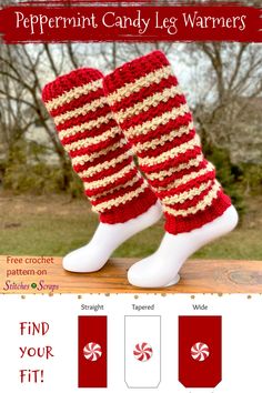 the peppermint candy leg warmers are knitted in red and white stripes