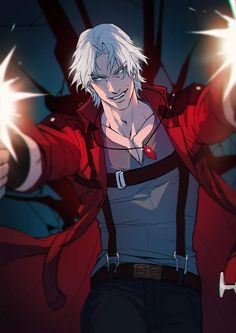 an anime character with white hair and red jacket holding his hands out in the air