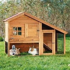 two rabbits in a small wooden house on the grass with trees in the back ground