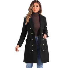 The double-breasted closure of this coat offers both functionality and style. You can wear it buttoned up for a more formal and polished look or leave it partially open for a relaxed and casual vibe. Designed for warmth and comfort, this coat is perfect for the winter season. The mid-long length offers excellent coverage, keeping you cozy and protected from the elements. Pair it with tailored pants and a blouse for a sophisticated office look. Layer it over a dress or skirt for a feminine and el Winter Long Coat Blazer With Button Closure, Fitted Double-breasted Outerwear With Buttons, Double-breasted Wool Coat For Work With Pockets, Double-breasted Wool Coat With Pockets For Work, Winter Button-up Wool Coat With Button Closure, Winter Button-up Outerwear With Double Button Closure, Winter Wool Button-up Coat, Winter Outerwear With Double Button Closure And Button-up Shape, Double-breasted Fall Outerwear