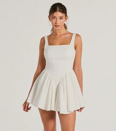 Arrive like the stunning sweetie you are in this short skater dress as the bride-to-be, graduate, or birthday girlie! This dress features a square neckline and shoulder straps, with an attention-grabbing open back and statement bow detail. The drop waist skater silhouette is flattering, short-length hem Short Pollera, Dreamy Aesthetic, Classic Vibe, Mini Sundress, Suspender Skirt, Bow Dress, Backless Mini Dress, Linnet, White Bow