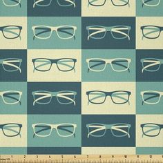 blue glasses with white frames on a checkerboard pattern in various sizes and colors