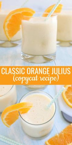 an orange juice recipe is shown in three different glasses