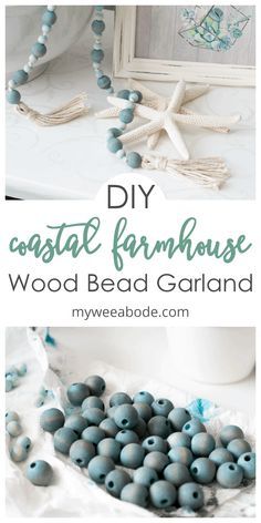 the diy coastal farmhouse wood bead garland is made with blue beads and white starfish