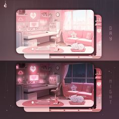 two screens showing the interior of a living room and bedroom in pink hues, each with a cat sleeping on the couch