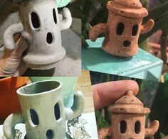 there are four pictures of clay pots with holes in the middle and one has a birdhouse on it