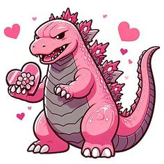 a pink and gray dragon holding a heart shaped object in its paws with hearts around it