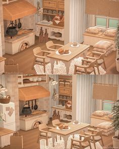 three different views of a kitchen and dining room in an animated style, with wood furniture