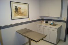 a kitchen with a sink, cabinets and a painting hanging on the wall above it