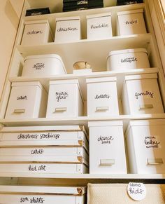 the drawers are labeled with labels for different types of storage containers and bins in each drawer