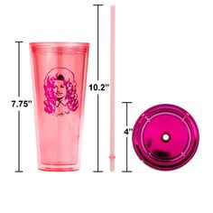 a pink plastic cup next to a purple lid and measuring tape with the measurements for it