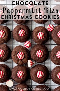 chocolate cookies decorated with candy canes on a cooling rack, ready to be eaten